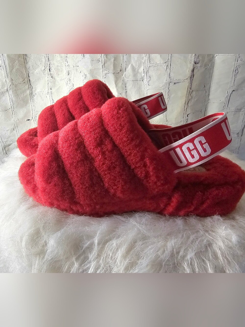 UGG Oh Yea Fluff Cozy Slide Sandals in Bright Red